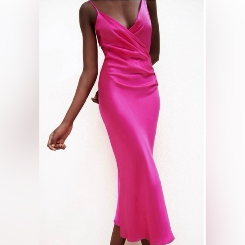 ZARA HOT PINK SLIP DRESS MIDI | size M